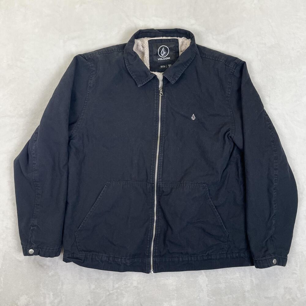 Volcom Jacket Mens XL Black Canvas Sherpa Lined Bomber Full Zip Work Outdoor Y2K
